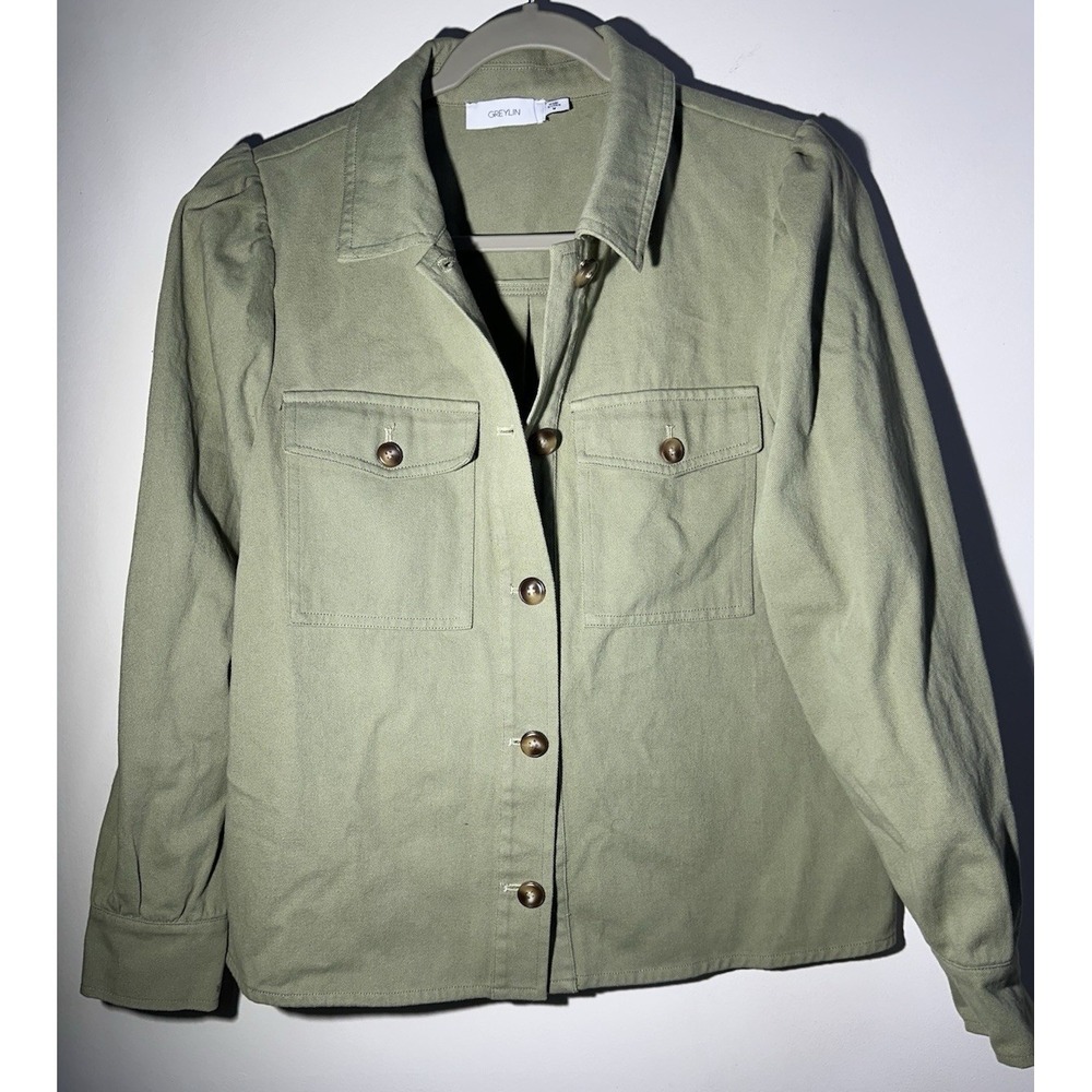 Anthropologie‎ Greylin Cotton Shirt Jacket Button Front Olive Sz M Pre-Owned